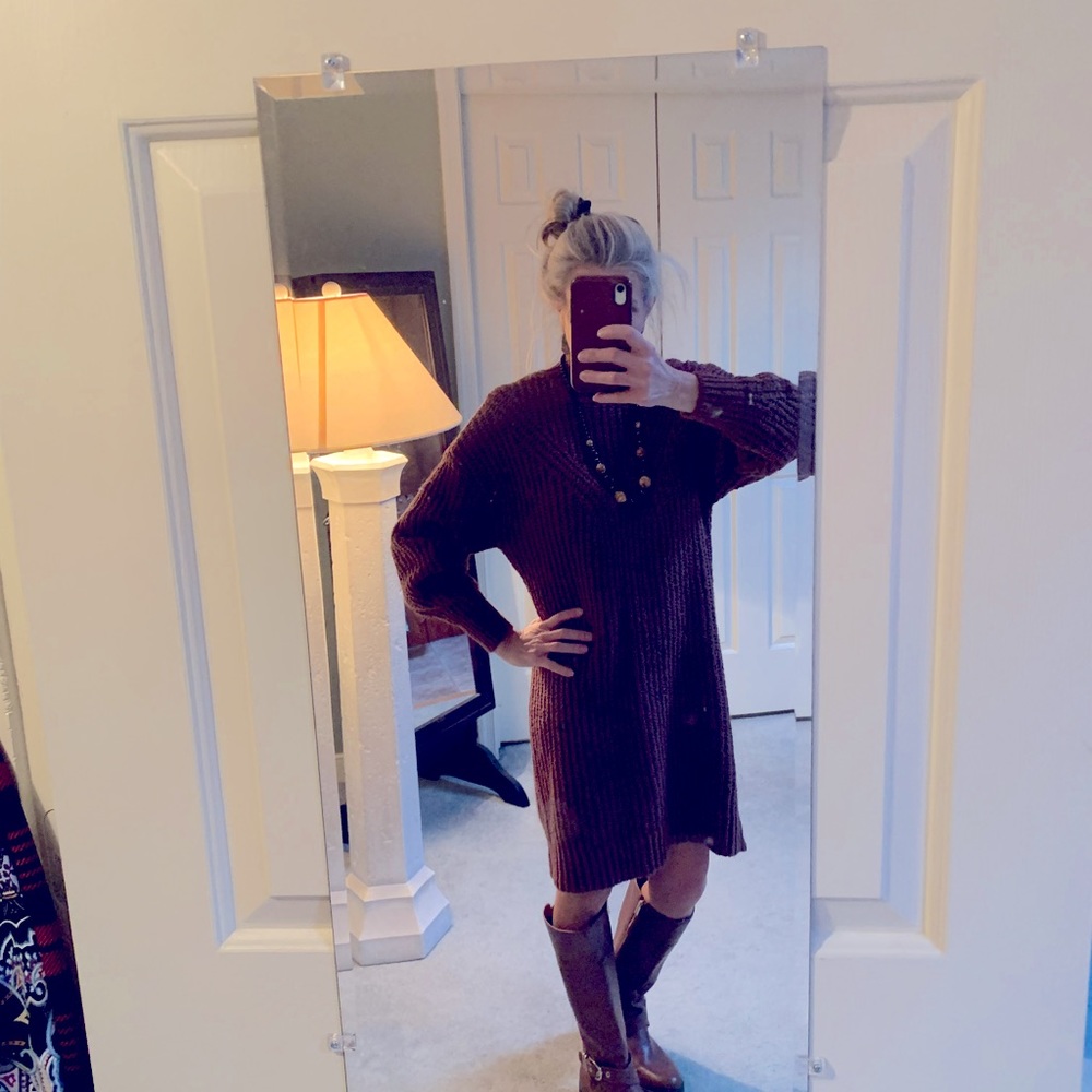 Old Navy oversized sweater dress in saddle brown. SO cute with boots!
